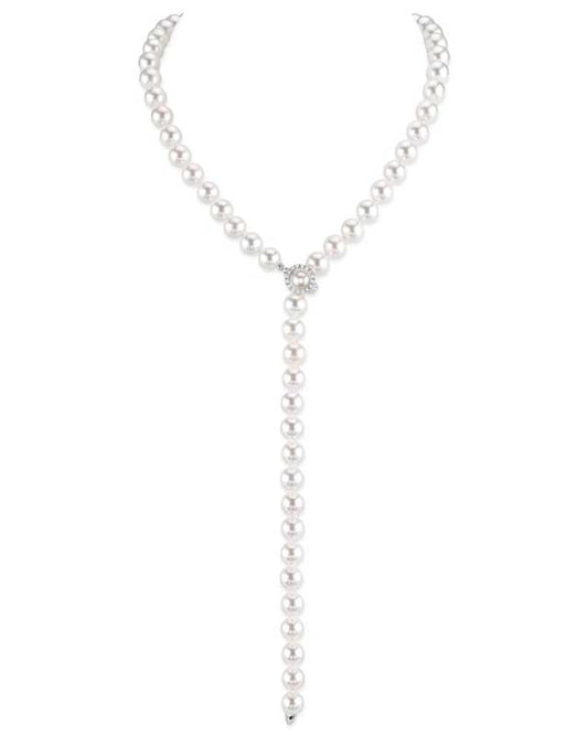 10-11mm White Freshwater Pearl & Diamond Adjustable Y-Shape Necklace- AAAA Quality