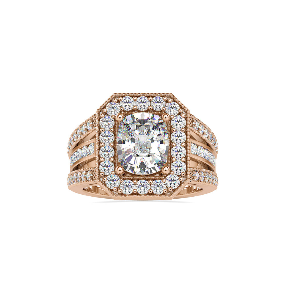 SKU: 0091 (10K) Cushion Halo Triple Split Shank Engagment Ring in Rose Gold.