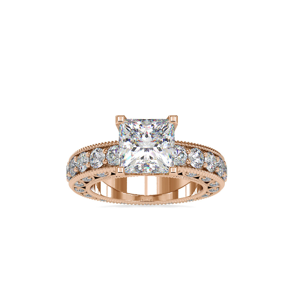 SKU: 0099 (14K) Vintage Princess-Cut Millgrain Solitaire Ring in Rose Gold.