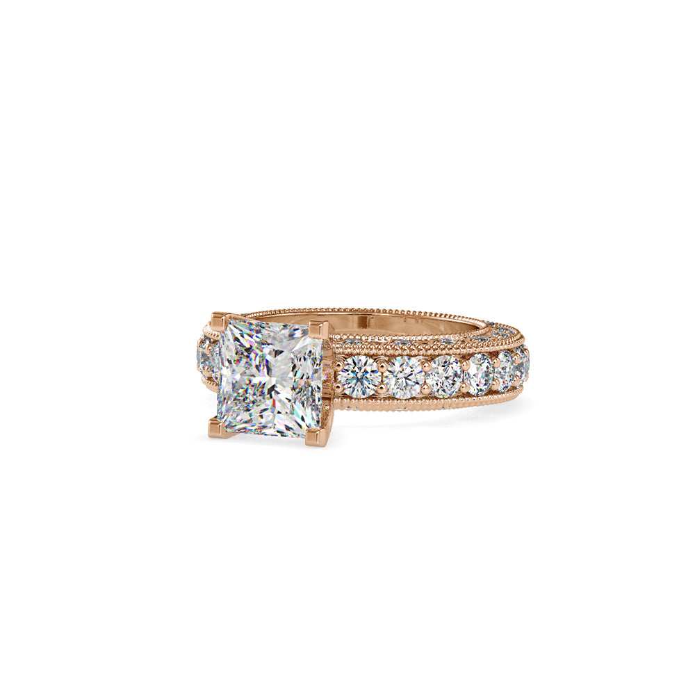 SKU: 0099 (22K) Vintage Princess-Cut Millgrain Solitaire Ring in Rose Gold.