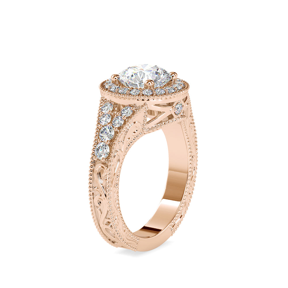 SKU: 0113 (18K) Vintage Filigree Round Halo Engagment Ring in Rose Gold.