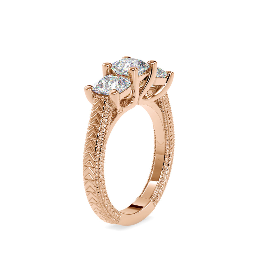 SKU: 0115 (10K) Vintage Filigree Three-Stone Engagment Ring in Rose Gold.