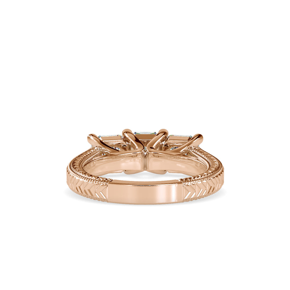 SKU: 0115 (10K) Vintage Filigree Three-Stone Engagment Ring in Rose Gold.