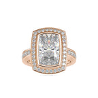 SKU: 0123 (10K) Bezel set Radiant Halo Engagment Ring in Rose Gold.