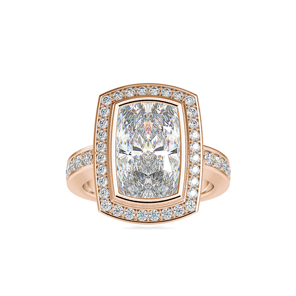SKU: 0123 (10K) Bezel set Radiant Halo Engagment Ring in Rose Gold.