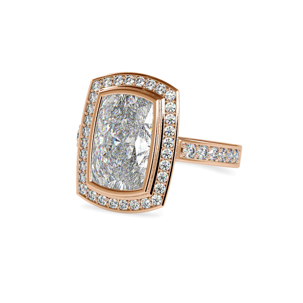 SKU: 0123 (18K) Bezel set Radiant Halo Engagment Ring in Rose Gold.
