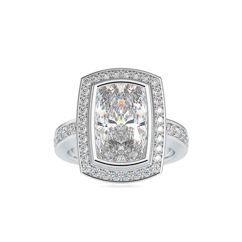 SKU: 0123 (22K) Bezel set Radiant Halo Engagment Ring in Rose Gold.