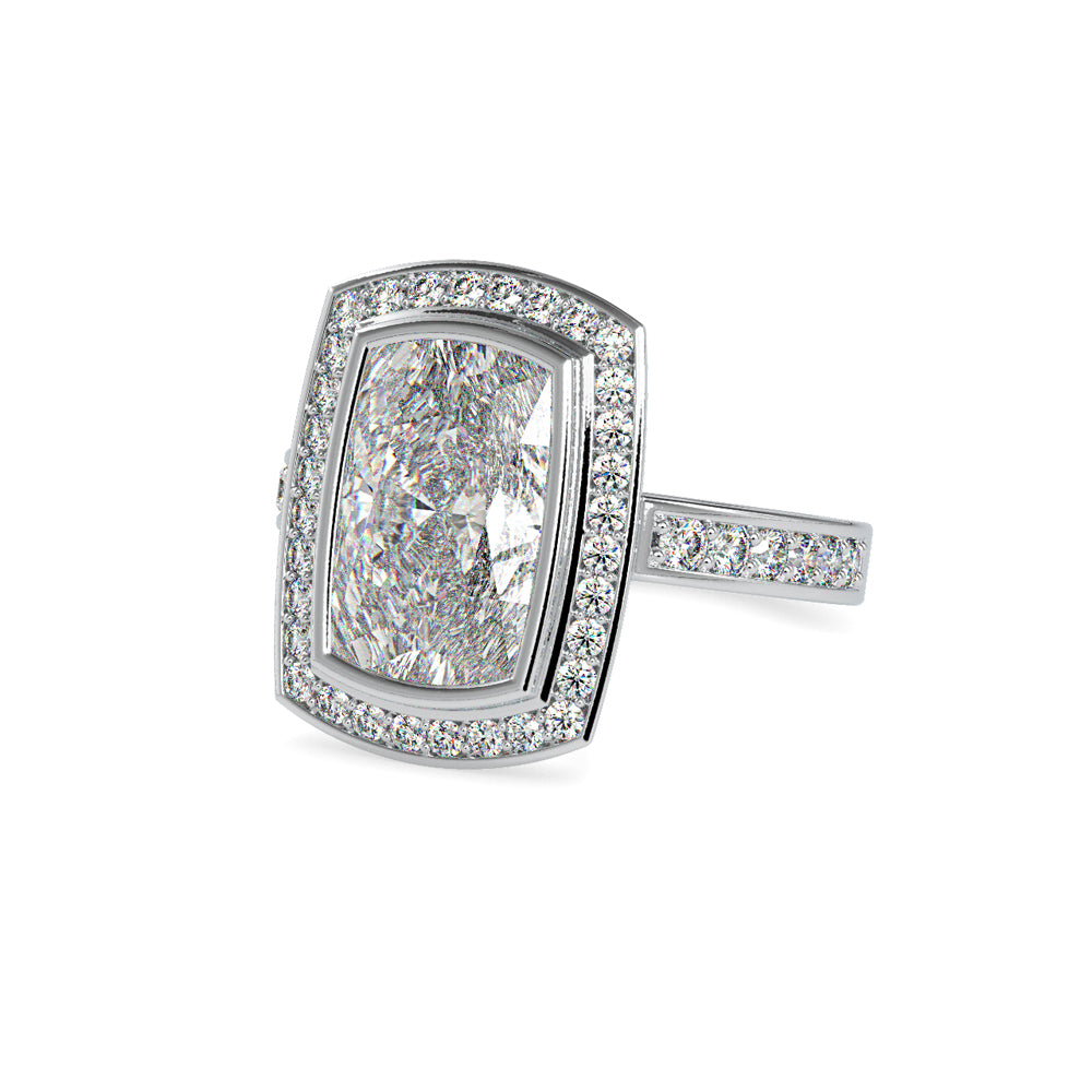 SKU: 0123 (18K) Bezel set Radiant Halo Engagment Ring in Rose Gold.
