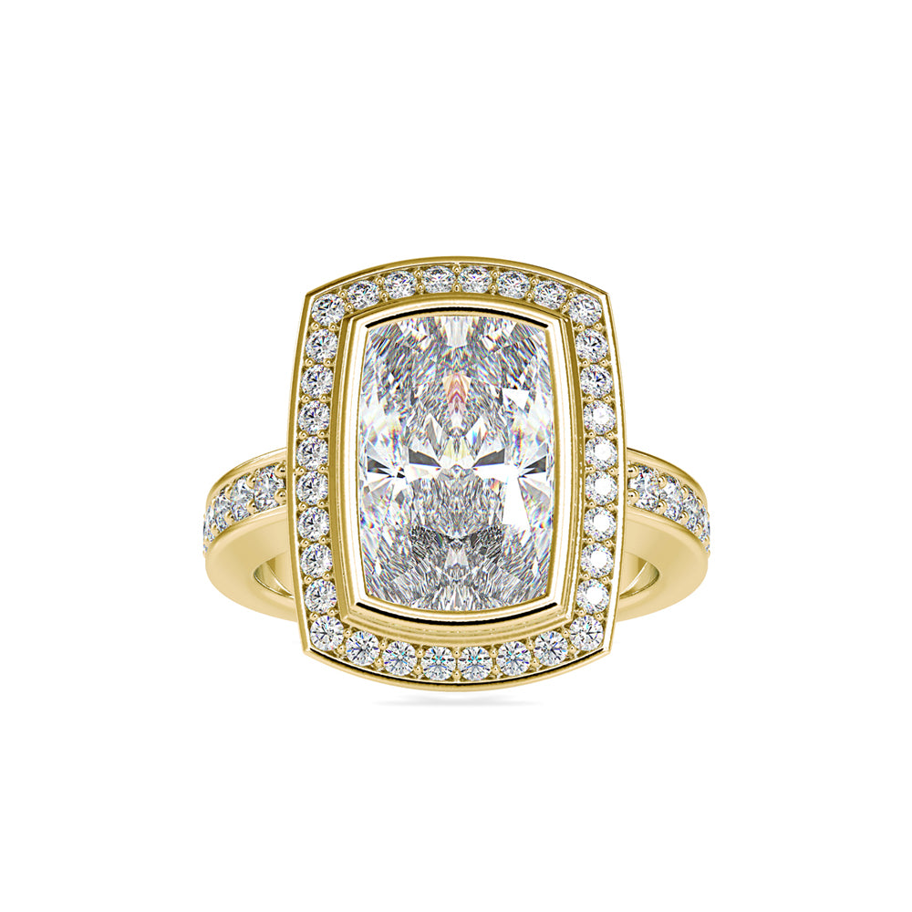 SKU: 0123 (18K) Bezel set Radiant Halo Engagment Ring in Rose Gold.