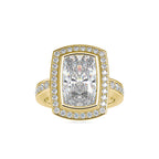 SKU: 0123 (10K) Bezel set Radiant Halo Engagment Ring in Rose Gold.