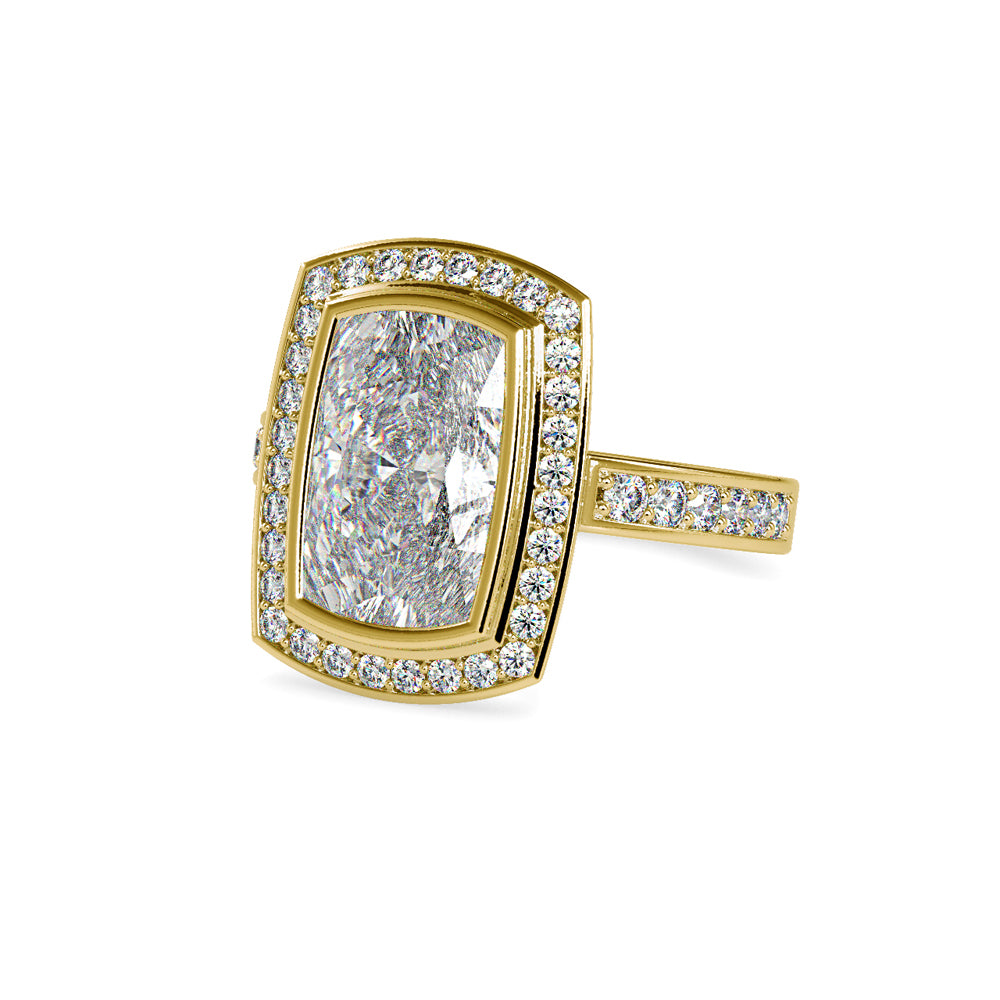 SKU: 0123 (22K) Bezel set Radiant Halo Engagment Ring in Rose Gold.