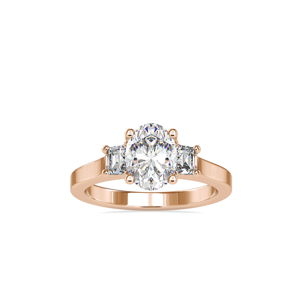 SKU: 0157 (14K) Two-tone Three-Stone Engagment Ring in Rose Gold.
