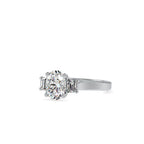 SKU: 0157 (10K) Two-tone Three-Stone Engagment Ring in Rose Gold.