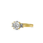 SKU: 0157 (10K) Two-tone Three-Stone Engagment Ring in Rose Gold.
