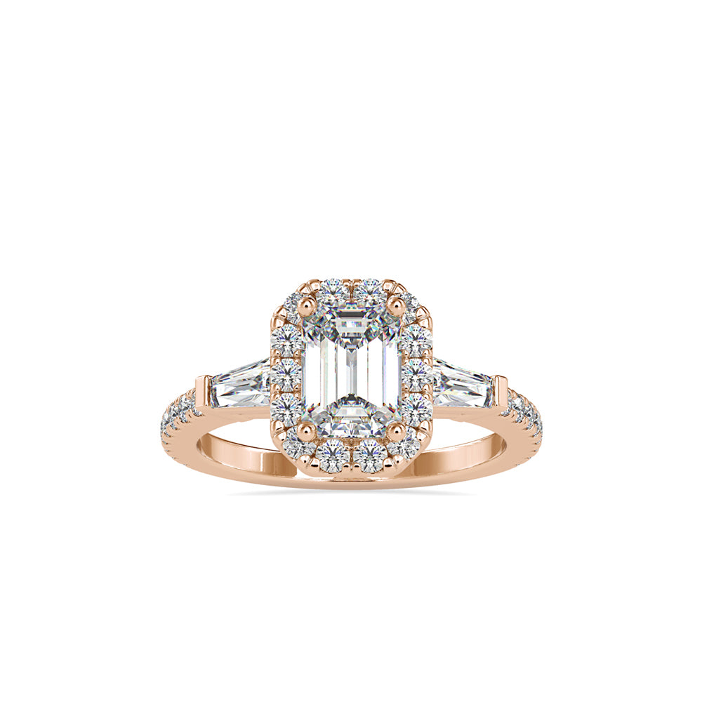SKU: 0190 (22K) Emerald-Cut Halo Three-Stone Engagment Ring in Rose Gold.