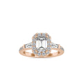 SKU: 0190 (18K) Emerald-Cut Halo Three-Stone Engagment Ring in Rose Gold.