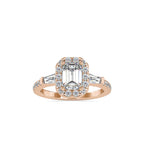 SKU: 0190 (18K) Emerald-Cut Halo Three-Stone Engagment Ring in Rose Gold.