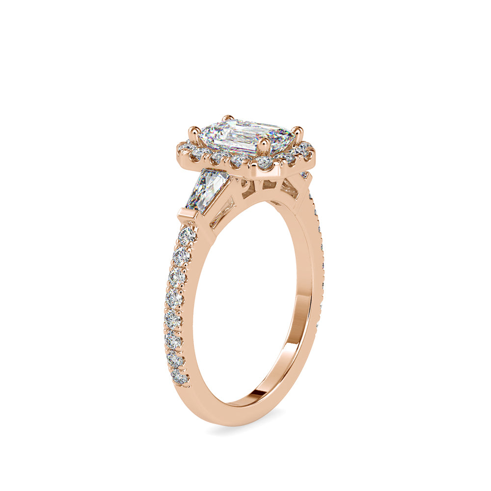 SKU: 0190 (14K) Emerald-Cut Halo Three-Stone Engagment Ring in Rose Gold.