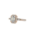 SKU: 0190 (14K) Emerald-Cut Halo Three-Stone Engagment Ring in Rose Gold.