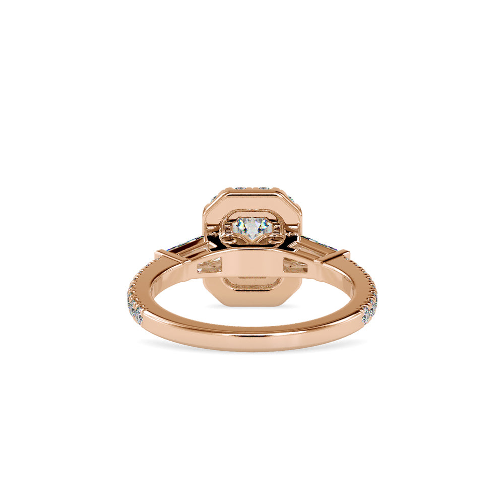 SKU: 0190 (18K) Emerald-Cut Halo Three-Stone Engagment Ring in Rose Gold.