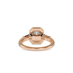 SKU: 0190 (18K) Emerald-Cut Halo Three-Stone Engagment Ring in Rose Gold.