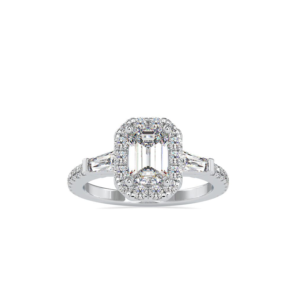 SKU: 0190 (10K) Emerald-Cut Halo Three-Stone Engagment Ring in Rose Gold.