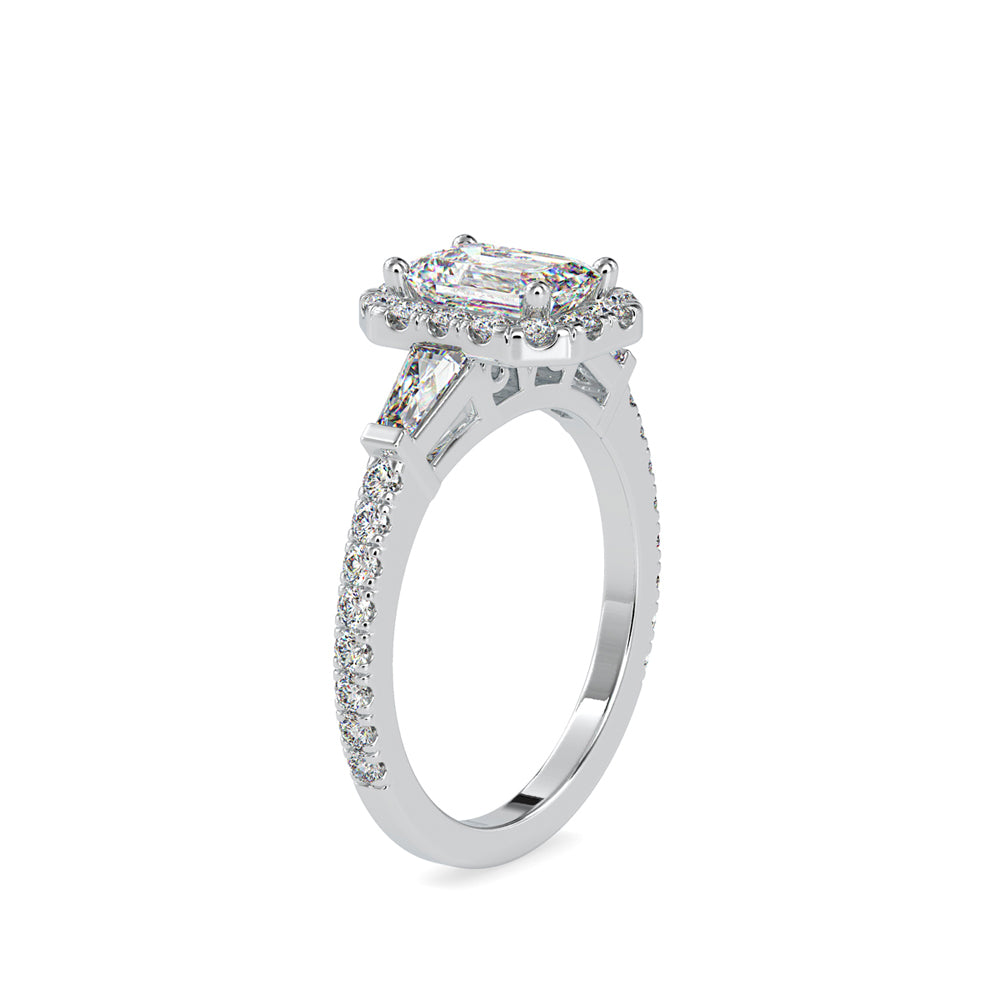SKU: 0190 (22K) Emerald-Cut Halo Three-Stone Engagment Ring in Rose Gold.