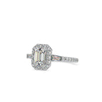 SKU: 0190 (14K) Emerald-Cut Halo Three-Stone Engagment Ring in Rose Gold.