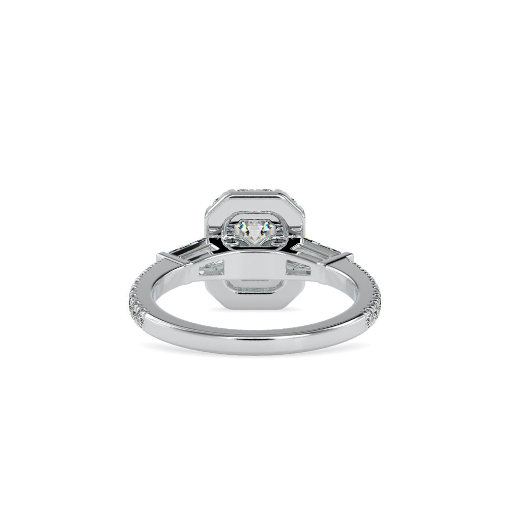 SKU: 0190 (18K) Emerald-Cut Halo Three-Stone Engagment Ring in Rose Gold.