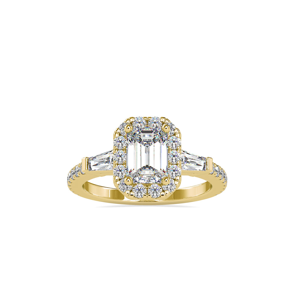 SKU: 0190 (14K) Emerald-Cut Halo Three-Stone Engagment Ring in Rose Gold.