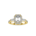 SKU: 0190 (14K) Emerald-Cut Halo Three-Stone Engagment Ring in Rose Gold.