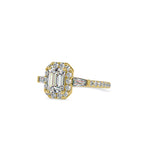 SKU: 0190 (10K) Emerald-Cut Halo Three-Stone Engagment Ring in Rose Gold.