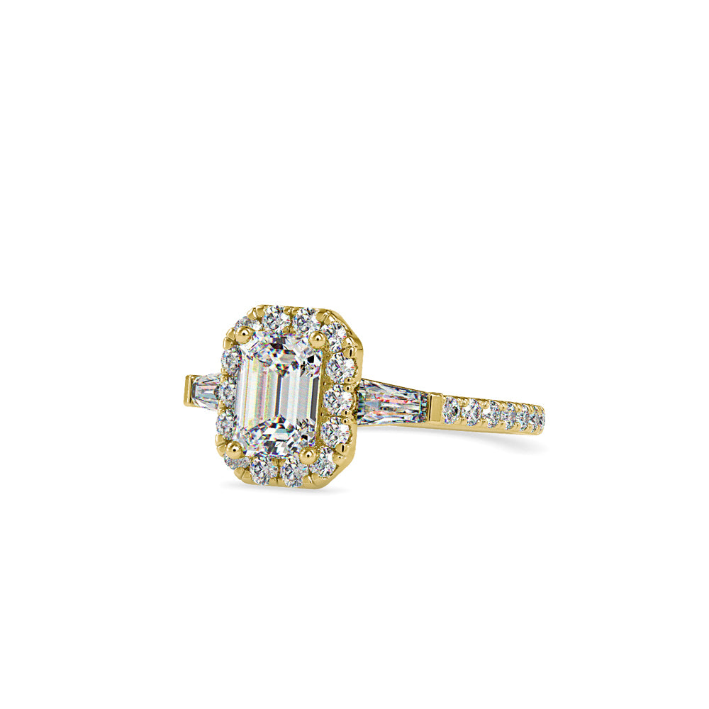 SKU: 0190 (10K) Emerald-Cut Halo Three-Stone Engagment Ring in Rose Gold.
