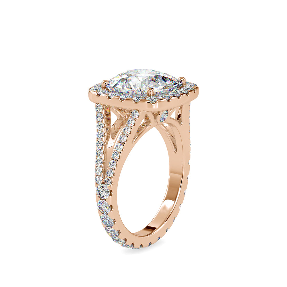 SKU: 0192 (14K) Cushion-cut Split Shank Halo Engagment Ring in Rose Gold.