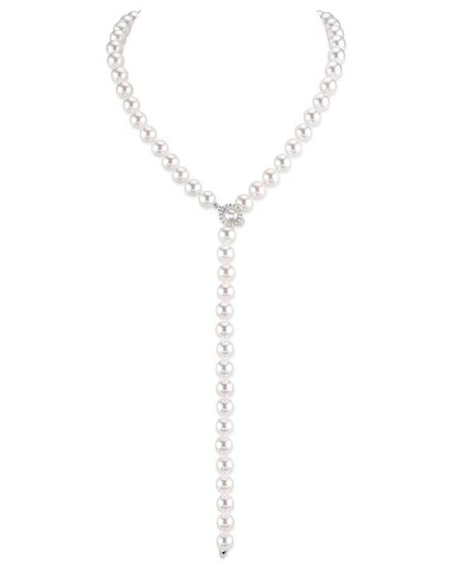 10-11mm White Freshwater Pearl & Diamond Adjustable Y-Shape Necklace- AAAA Quality
